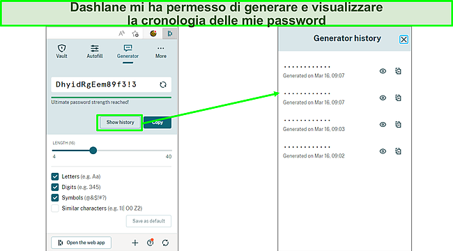 Screenshot della generazione di password con Dashlane.