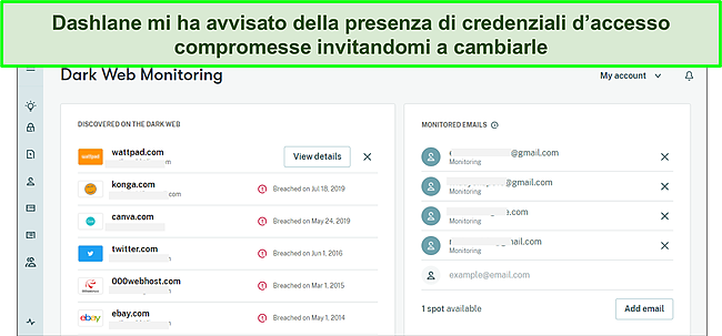 Screenshot del monitor del dark web di Dashlane.