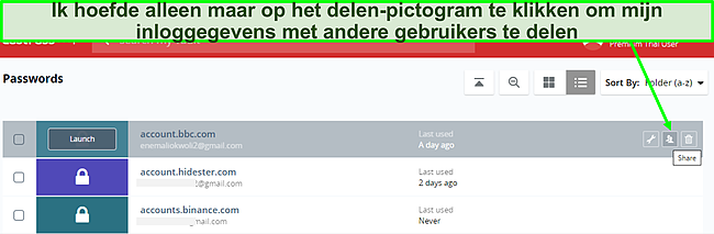Screenshot van LastPass wachtwoord delen.