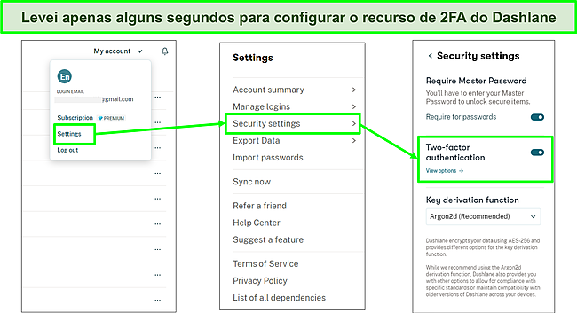 Captura de tela da ativa&ccedil;&atilde;o do recurso 2FA do Dashlane.