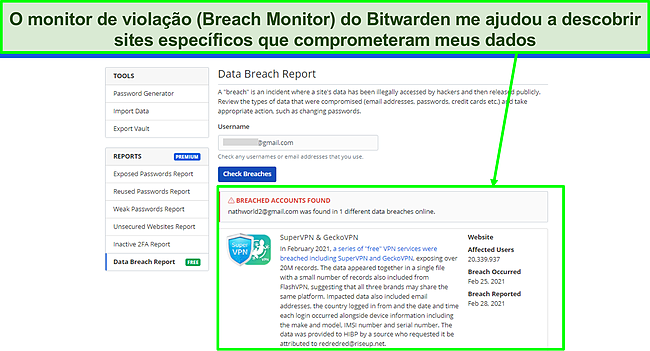 Captura de tela do Breach Monitor da Bitwarden.