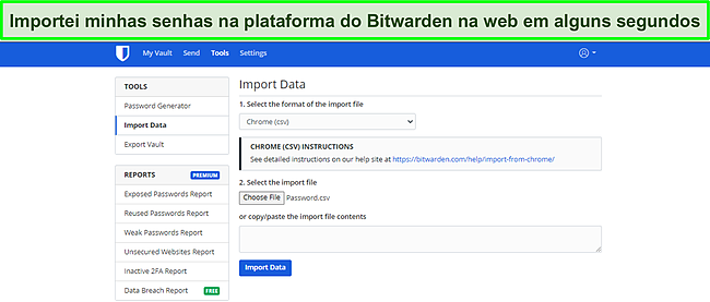 Captura de tela da importa&ccedil;&atilde;o de dados do Bitwarden.
