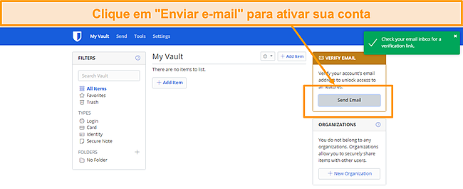 Captura de tela da plataforma web Bitwarden.