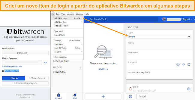 Captura de tela da adi&ccedil;&atilde;o de um item de login no cliente de desktop Bitwarden.