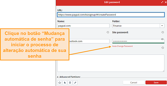 Captura de tela do bot&atilde;o de altera&ccedil;&atilde;o autom&aacute;tica de senha do LastPass.