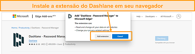 Captura de tela da instala&ccedil;&atilde;o da extens&atilde;o do navegador Dashlane.