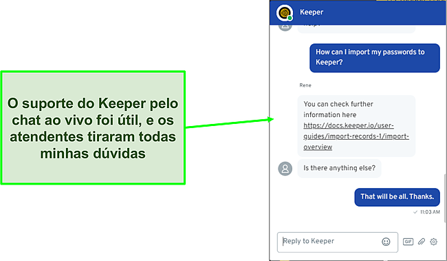 Captura de tela do suporte ao bate-papo ao vivo do Keeper.