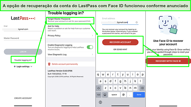 Captura de tela da op&ccedil;&atilde;o de recupera&ccedil;&atilde;o de conta do LastPass Face ID.