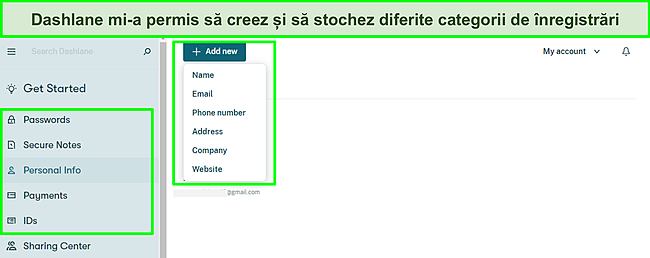 Captură de ecran cu Adăugarea &icirc;nregistrărilor personale la seiful meu Dashlane.