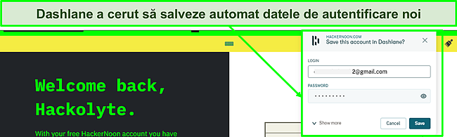 Captură de ecran a funcției Dashlane de salvare automată &icirc;n uz.