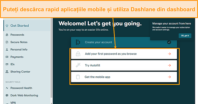 Captură de ecran a paginii de &icirc;nscriere la Dashlane.