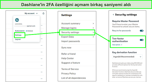 Dashlane'in 2FA &ouml;zelliğini Etkinleştirmenin ekran g&ouml;r&uuml;nt&uuml;s&uuml;.