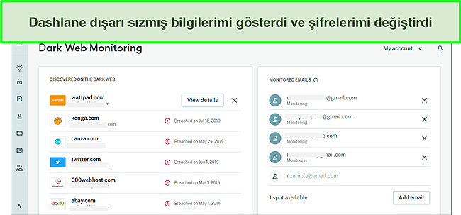 Dashlane'in karanlık web monit&ouml;r&uuml;n&uuml;n ekran g&ouml;r&uuml;nt&uuml;s&uuml;.