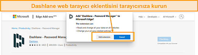 Dashlane tarayıcı uzantısını y&uuml;klemenin ekran g&ouml;r&uuml;nt&uuml;s&uuml;.