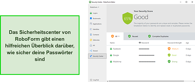 Screenshot des Sicherheitscenters von RoboForm.