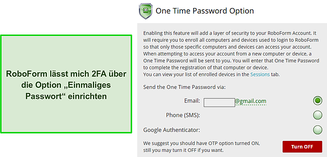 Screenshot der 2FA-Funktion von RoboForm.