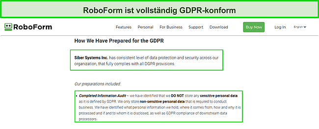 Screenshot der DSGVO-Konformit&auml;t von RoboForm.