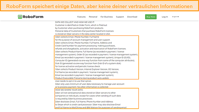 Screenshot der Daten, die RoboForm speichert.