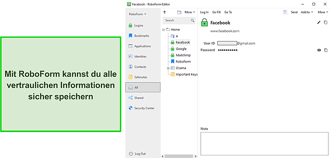 Screenshot des sicheren Informationsspeichers von RoboForm.