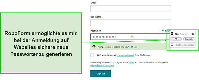 Screenshot des sicheren Passwortgenerators von RoboForm.