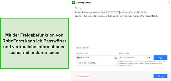 Screenshot der Freigabefunktion von RoboForm.