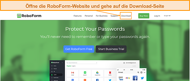 Screenshot der Homepage von RoboForm.