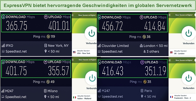 Beispiele f&uuml;r Express-VPN-Geschwindigkeitstests auf globalen Servern