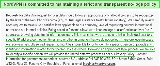 A screenshot of NordVPN's privacy statement regarding requests for data, showing its transparent no-logs policy