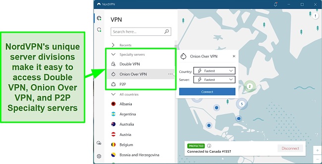 Screenshot of NordVPN's specialty servers &mdash; Double VPN, Onion Over VPN, P2P servers