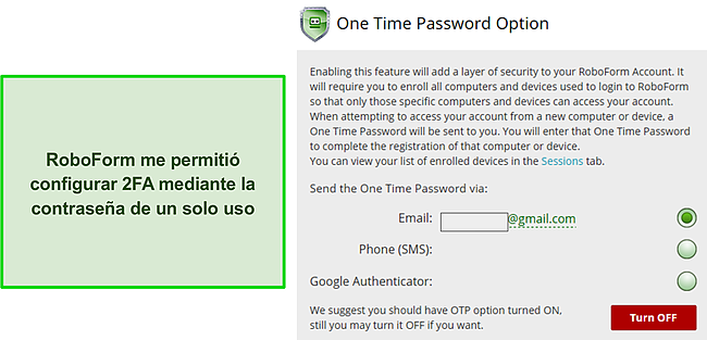 Captura de pantalla de la funci&oacute;n 2FA de RoboForm.