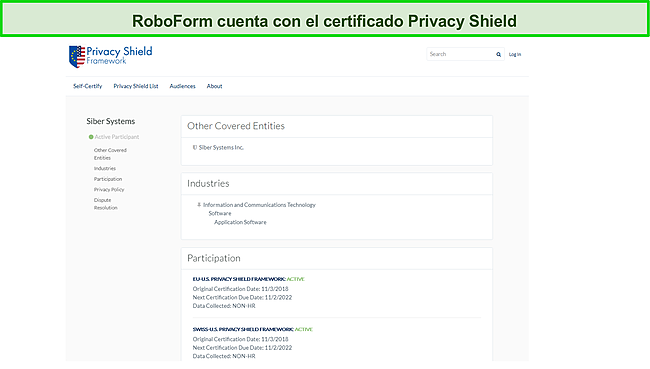 Captura de pantalla de la certificaci&oacute;n del Escudo de privacidad de RoboForm.