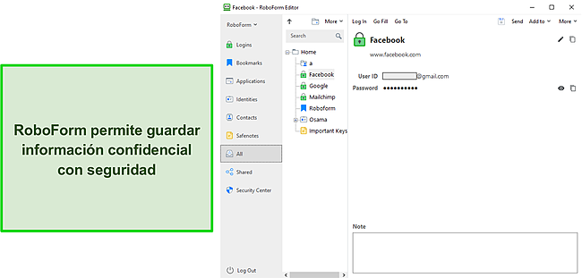 Captura de pantalla del almacenamiento seguro de informaci&oacute;n de RoboForm.