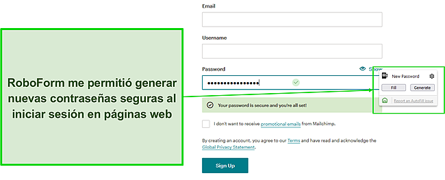 Captura de pantalla del generador de contrase&ntilde;as seguras de RoboForm.