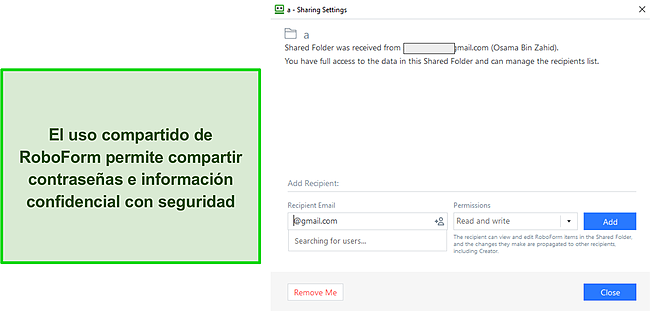 Captura de pantalla de la funci&oacute;n para compartir de RoboForm.