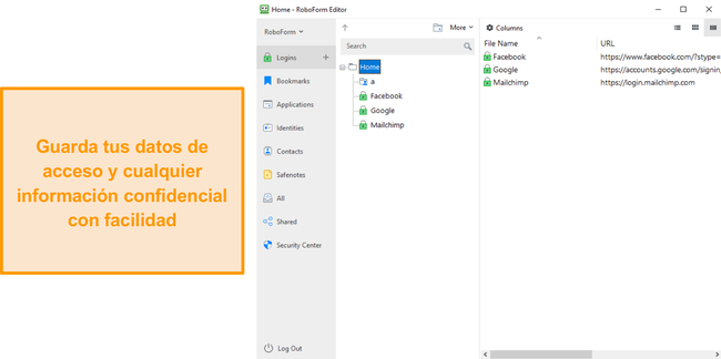 Captura de pantalla de la aplicaci&oacute;n de Windows de RoboForm almacenando datos.