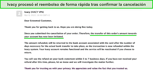 Captura de pantalla del servicio de atenci&oacute;n al cliente de Ivacy que confirma el reembolso por correo electr&oacute;nico.