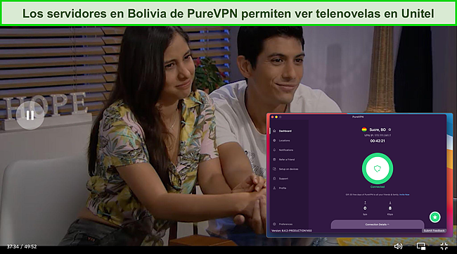 Captura de pantalla de PureVPN desbloqueando el canal de televisi&oacute;n Unitel.