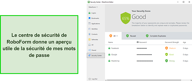 Capture d'&eacute;cran du centre de s&eacute;curit&eacute; de RoboForm.