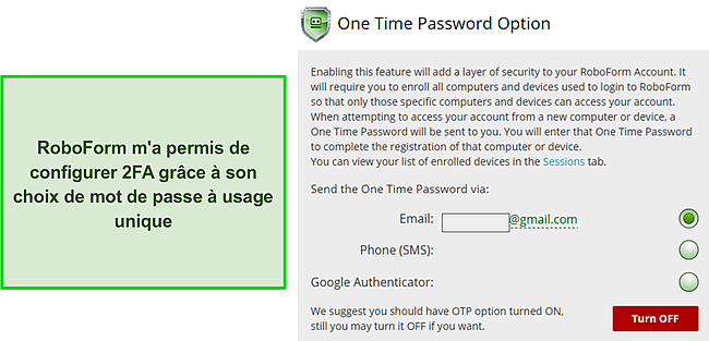 Capture d'&eacute;cran de la fonction 2FA de RoboForm.