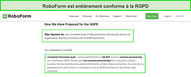 Capture d'&eacute;cran de la conformit&eacute; GDPR de RoboForm.