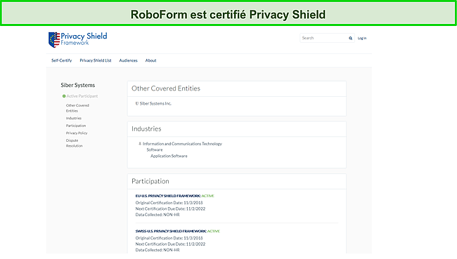 Capture d'&eacute;cran de la certification Privacy Shield de RoboForm.