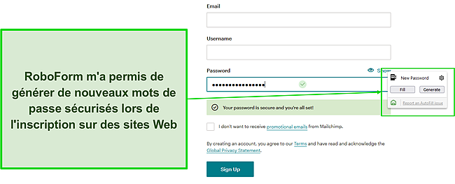 Capture d'&eacute;cran du g&eacute;n&eacute;rateur de mot de passe s&eacute;curis&eacute; de RoboForm.