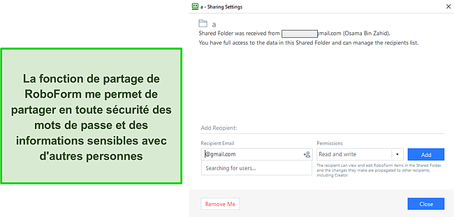 Capture d'&eacute;cran de la fonction de partage de RoboForm.