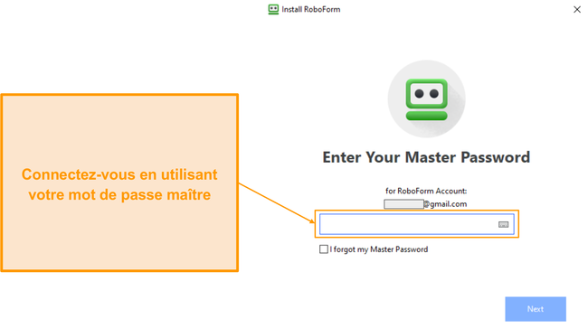 Capture d'&eacute;cran de la page de connexion de l'application Windows de RoboForm.