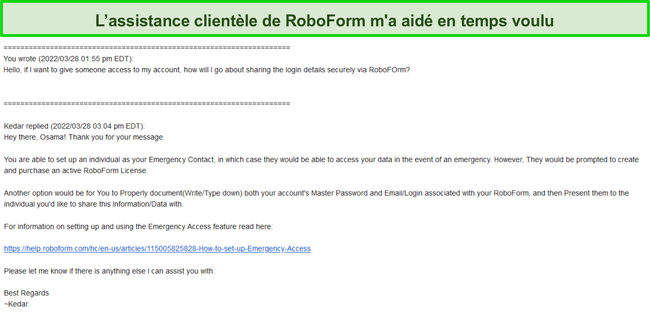Capture d'&eacute;cran de la r&eacute;ponse du support RoboForm.