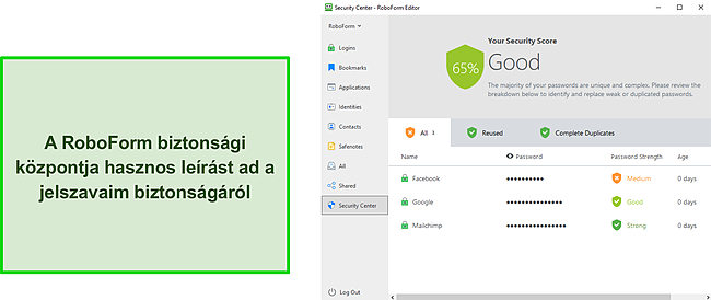 K&eacute;pernyők&eacute;p a RoboForm biztons&aacute;gi k&ouml;zpontj&aacute;r&oacute;l.