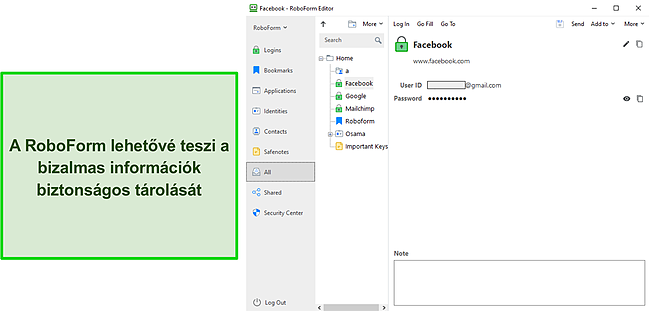 K&eacute;pernyők&eacute;p a RoboForm biztons&aacute;gos inform&aacute;ci&oacute;t&aacute;rol&aacute;s&aacute;r&oacute;l.