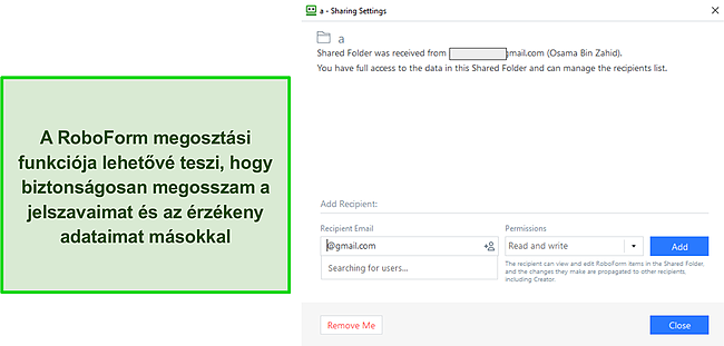 K&eacute;pernyők&eacute;p a RoboForm megoszt&aacute;si funkci&oacute;j&aacute;r&oacute;l.