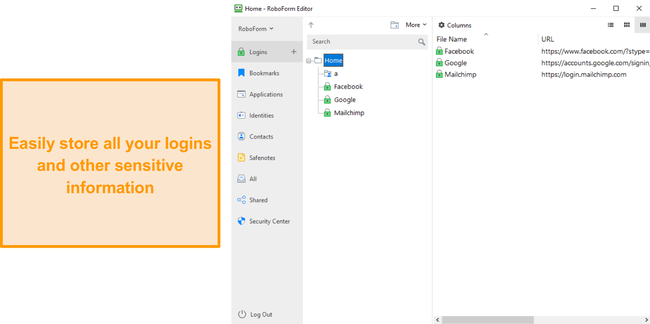 K&eacute;pernyők&eacute;p a RoboForm adatokat t&aacute;rol&oacute; Windows alkalmaz&aacute;s&aacute;r&oacute;l.
