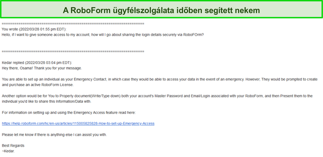 K&eacute;pernyők&eacute;p a RoboForm t&aacute;mogat&aacute;s v&aacute;lasz&aacute;r&oacute;l.